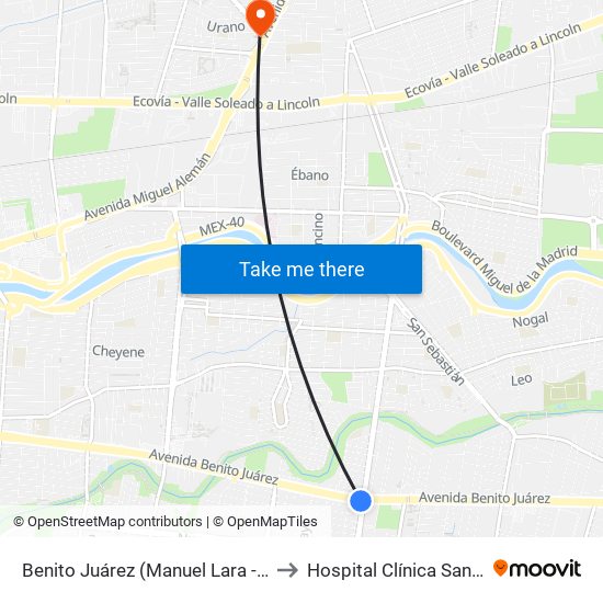 Benito Juárez (Manuel Lara - Mármol) to Hospital Clínica San Benito map