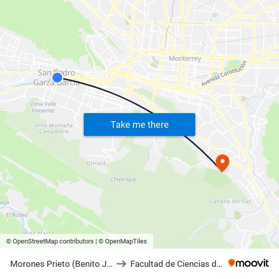 Morones Prieto (Benito Juárez - Corregidora) to Facultad de Ciencias de La Comunicacion map