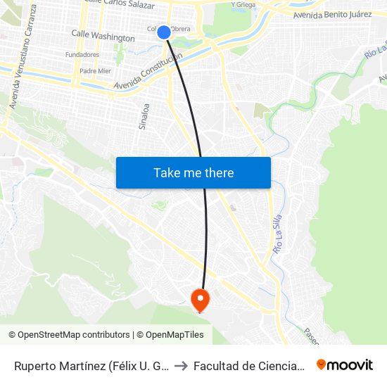 Ruperto Martínez (Félix U. Gómez - Joaquín Garza Leal) to Facultad de Ciencias de La Comunicacion map