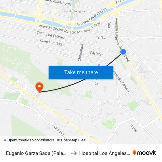 Eugenio Garza Sada (Palestina - 2 de Abril) to Hospital Los Angeles Valle Oriente map