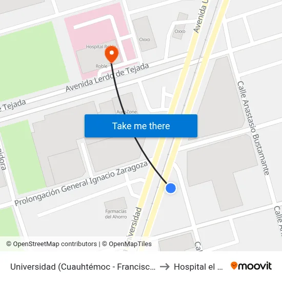 Universidad (Cuauhtémoc - Francisco Naranjo) to Hospital el Roble map
