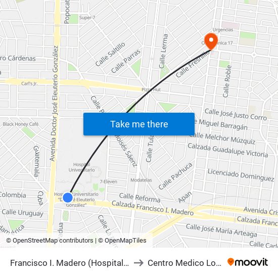 Francisco I. Madero (Hospital Universitario) to Centro Medico Los Angeles map