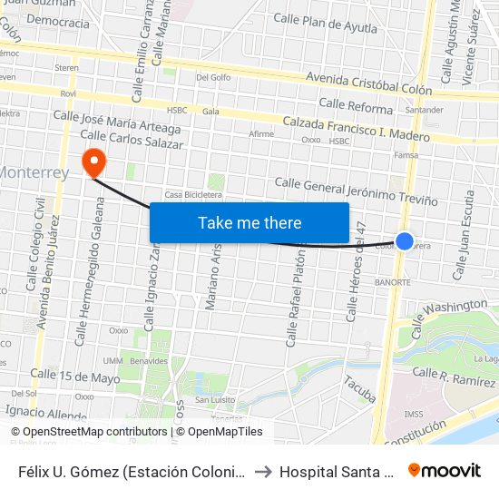 Félix U. Gómez (Estación Colonia Obrera) to Hospital Santa Cecilia map