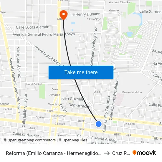 Reforma (Emilio Carranza - Hermenegildo Galeana) to Cruz Roja map