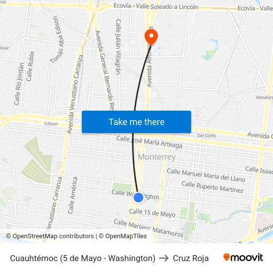 Cuauhtémoc (5 de Mayo - Washington) to Cruz Roja map