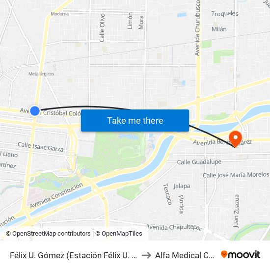 Félix U. Gómez (Estación Félix U. Gómez) to Alfa Medical Center map