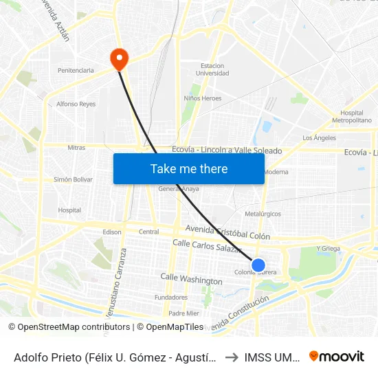 Adolfo Prieto (Félix U. Gómez - Agustín Melgar) to IMSS UMF 28 map