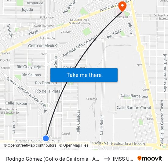 Rodrigo Gómez (Golfo de California - Adolfo Ruíz Cortines) to IMSS UMF 28 map