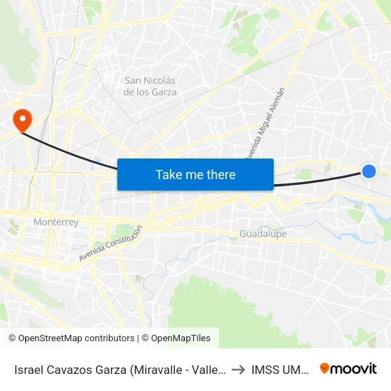 Israel Cavazos Garza (Miravalle - Valle Alegre) to IMSS UMF 28 map