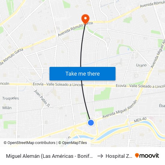 Miguel Alemán (Las Américas - Bonifacio Salinas Leal) to Hospital Zánitas map