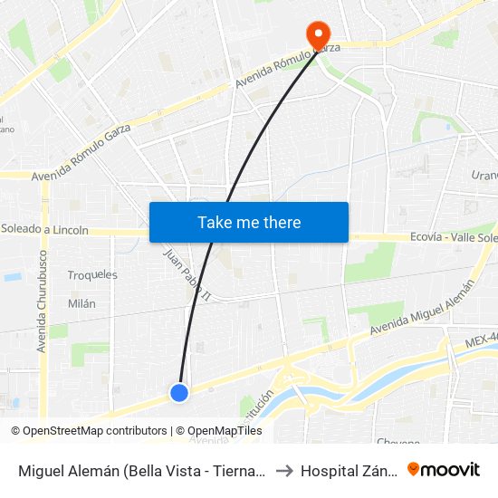 Miguel Alemán (Bella Vista - Tierna Vista) to Hospital Zánitas map