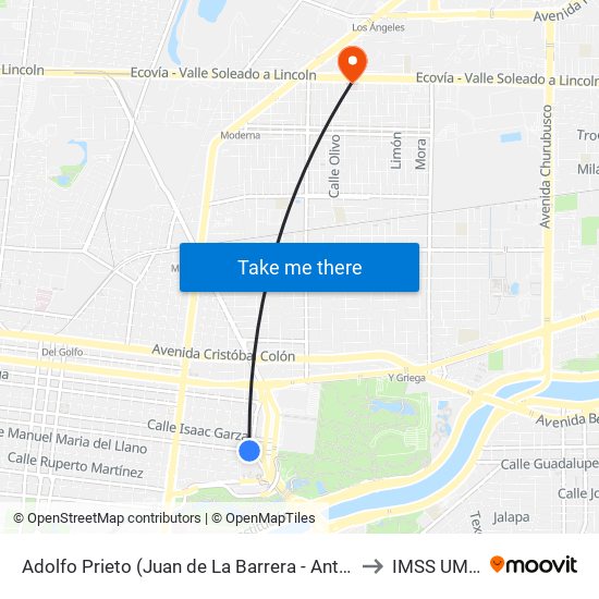 Adolfo Prieto (Juan de La Barrera - Antonio Coello) to IMSS UMF 15 map