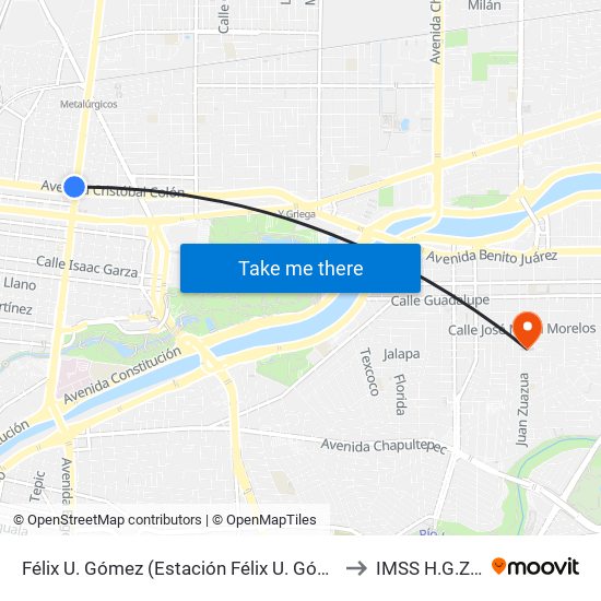 Félix U. Gómez (Estación Félix U. Gómez) to IMSS H.G.Z. 4 map