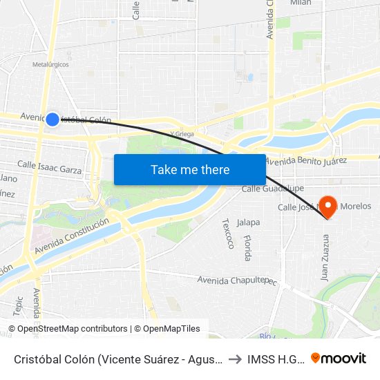 Cristóbal Colón (Vicente Suárez - Agustín Melgar) to IMSS H.G.Z. 4 map