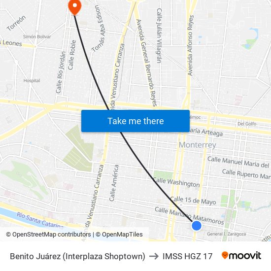 Benito Juárez (Interplaza Shoptown) to IMSS HGZ 17 map