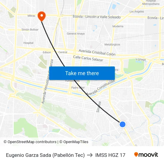 Eugenio Garza Sada (Pabellón Tec) to IMSS HGZ 17 map