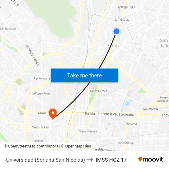 Universidad (Soriana San Nicolás) to IMSS HGZ 17 map