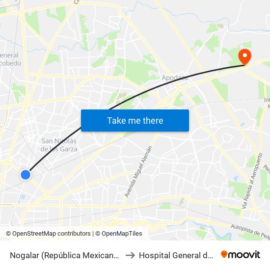 Nogalar (República Mexicana - San Nicolás) to Hospital General de Zona # 67 map