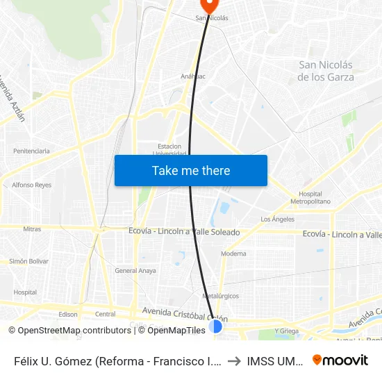 Félix U. Gómez (Reforma - Francisco I. Madero) to IMSS UMF 31 map