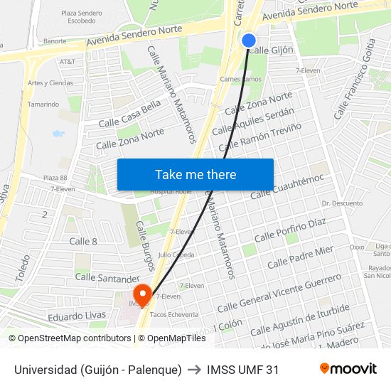 Universidad (Guijón - Palenque) to IMSS UMF 31 map