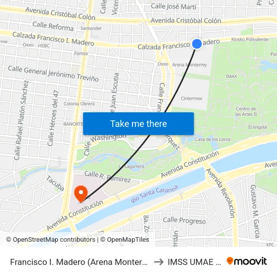 Francisco I. Madero (Arena Monterrey) to IMSS UMAE 23 map