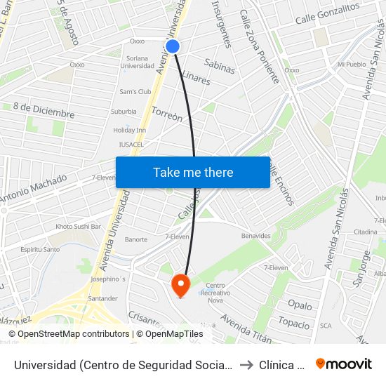 Universidad (Centro de Seguridad Social Del I.M.S.S.) to Clínica Nova map