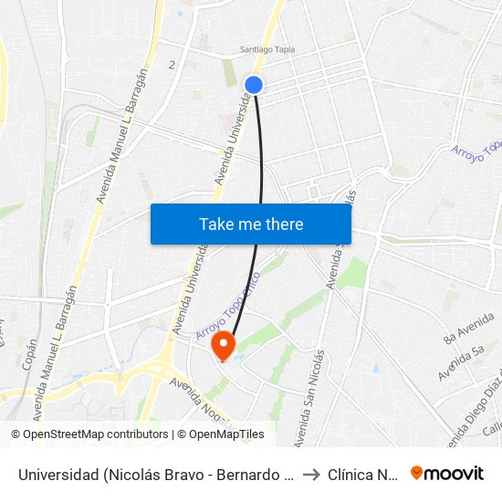 Universidad (Nicolás Bravo - Bernardo Reyes) to Clínica Nova map