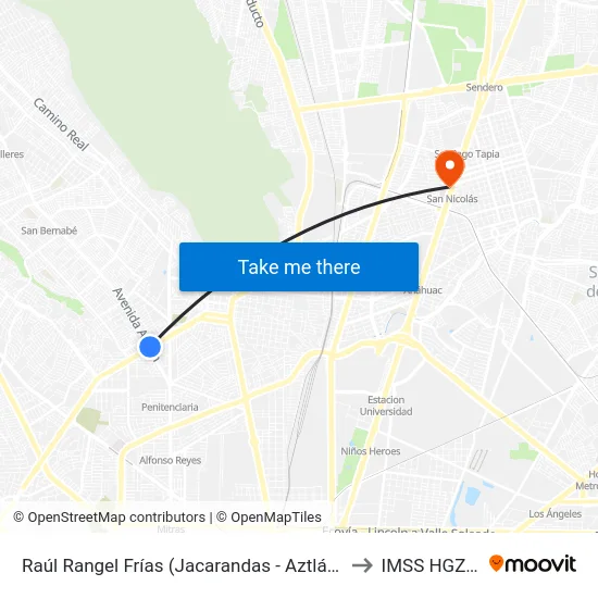 Raúl Rangel Frías (Jacarandas - Aztlán) to IMSS HGZ 6 map