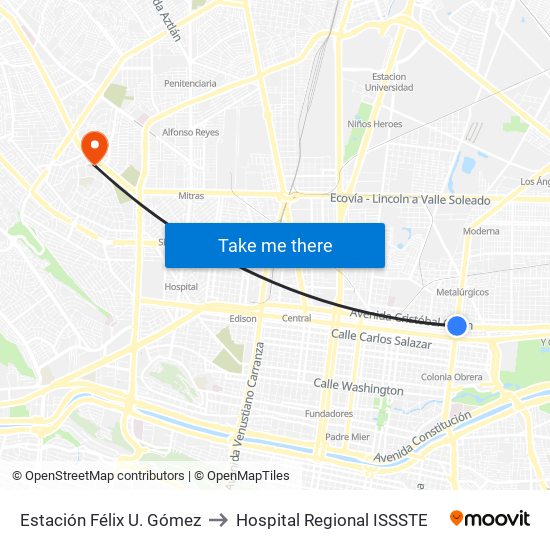 Estación Félix U. Gómez to Hospital Regional ISSSTE map