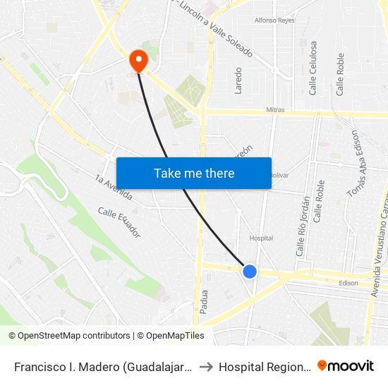 Francisco I. Madero (Guadalajara - Simón Bolívar) to Hospital Regional ISSSTE map