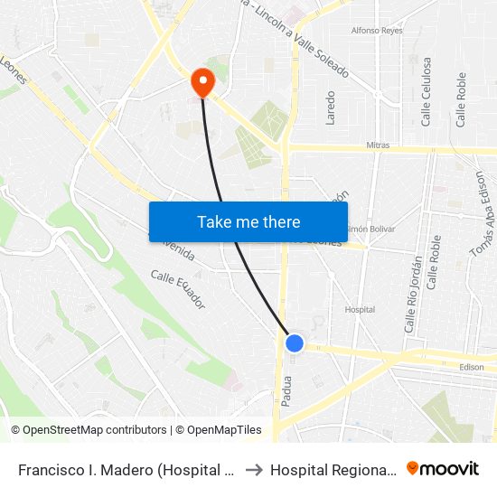 Francisco I. Madero (Hospital Universitario) to Hospital Regional ISSSTE map