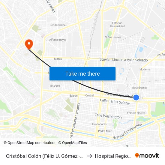 Cristóbal Colón (Félix U. Gómez - Joaquín Garza Leal) to Hospital Regional ISSSTE map
