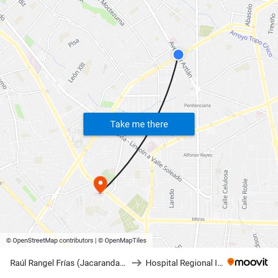 Raúl Rangel Frías (Jacarandas - Aztlán) to Hospital Regional ISSSTE map