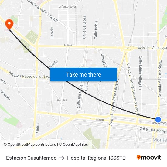 Estación Cuauhtémoc to Hospital Regional ISSSTE map