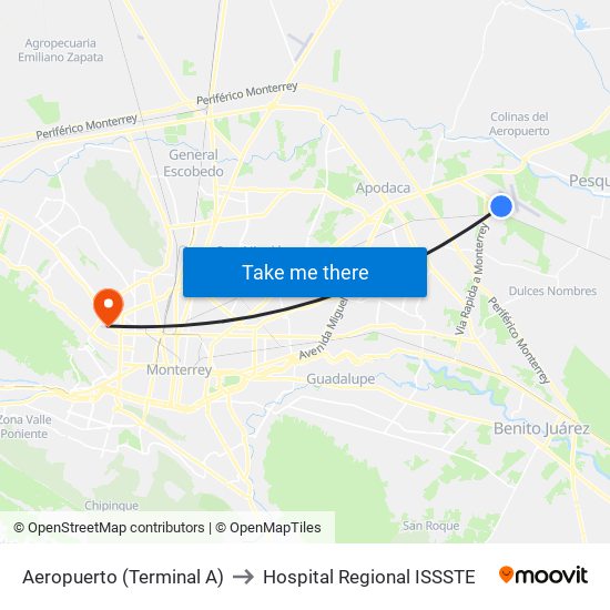 Aeropuerto (Terminal A) to Hospital Regional ISSSTE map