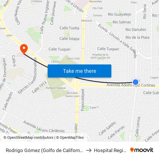 Rodrigo Gómez (Golfo de California - Adolfo Ruíz Cortines) to Hospital Regional ISSSTE map