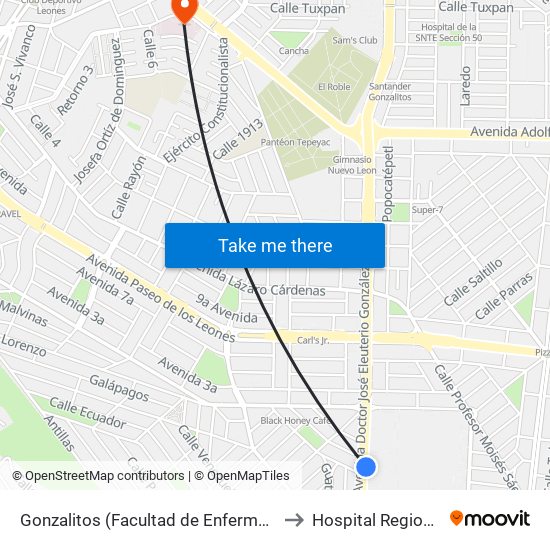 Gonzalitos (Facultad de Enfermería de La U.A.N.L.) to Hospital Regional ISSSTE map