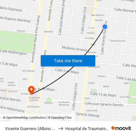 Vicente Guerrero (Albino Espinosa - Ruperto Martínez) to Hospital de Traumatología y Ortopedia No. 21 map