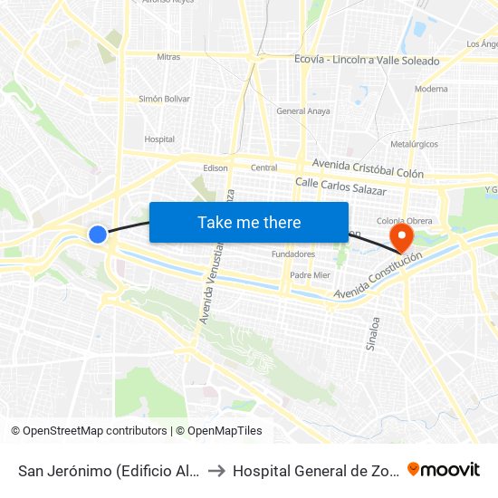 San Jerónimo (Edificio Altreca) to Hospital General de Zona 33 map