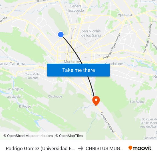Rodrigo Gómez (Universidad Emiliano Zapata) to CHRISTUS MUGUERZA Sur map
