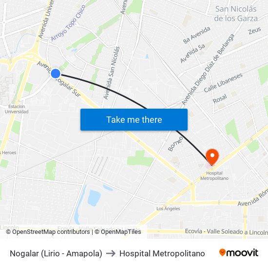 Nogalar (Lirio - Amapola) to Hospital Metropolitano map