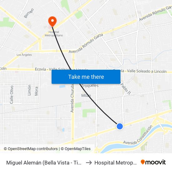 Miguel Alemán (Bella Vista - Tierna Vista) to Hospital Metropolitano map