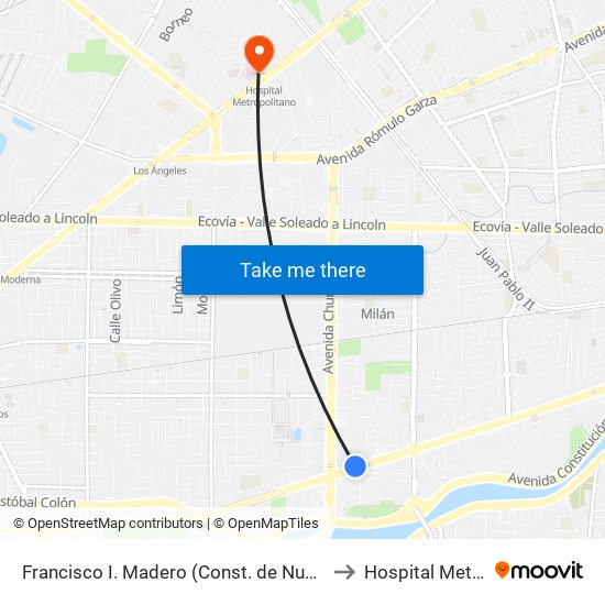 Francisco I. Madero (Const. de Nuevo León - Churubusco) to Hospital Metropolitano map