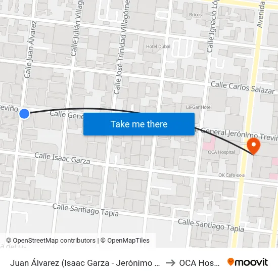 Juan Álvarez (Isaac Garza - Jerónimo Treviño) to OCA Hospital map