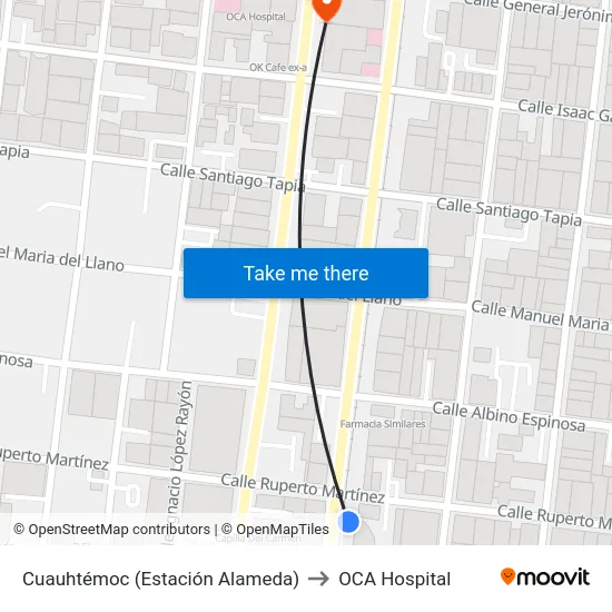 Cuauhtémoc (Estación Alameda) to OCA Hospital map
