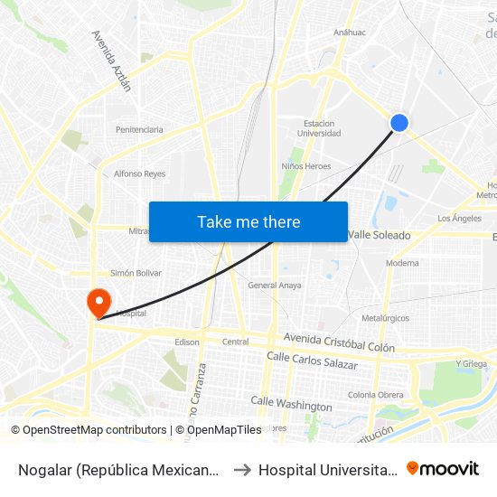Nogalar (República Mexicana - San Nicolás) to Hospital Universitario (UANL) map