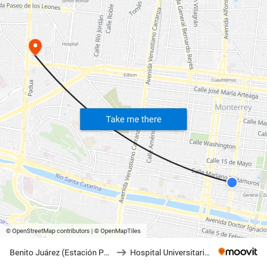 Benito Juárez (Estación Padre Mier) to Hospital Universitario (UANL) map