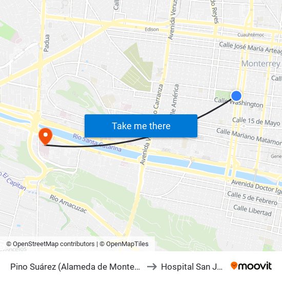 Pino Suárez (Alameda de Monterrey) to Hospital San José map