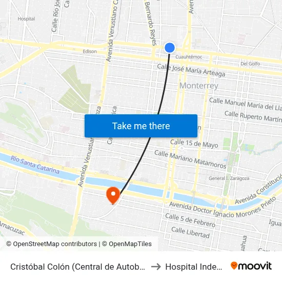 Cristóbal Colón (Central de Autobuses de Monterrey) to Hospital Independencia map