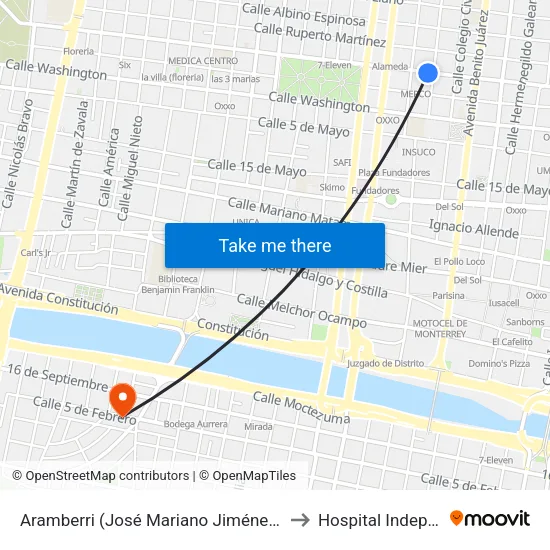 Aramberri (José Mariano Jiménez - Juan Méndez) to Hospital Independencia map